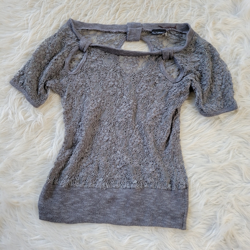 Gray Lace Top Bow Back Off Shoulder Sheer Daytrip
